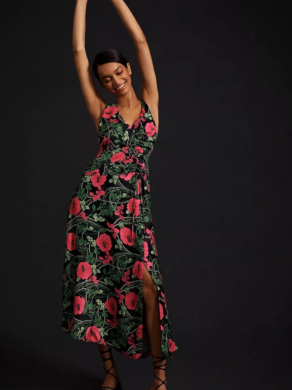 Anthropologie Maeve Ruched Midi Dress Black Pink Floral Poppy Print size Medium